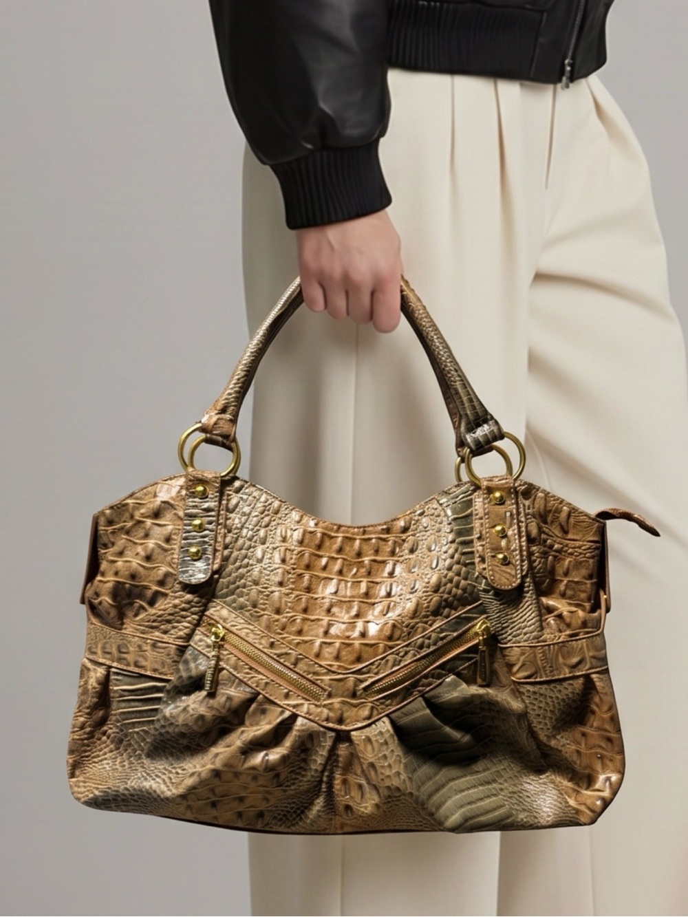 Vecceli Italy Faux Leather Croc-Embossed Brown Bag with Gold Hardware